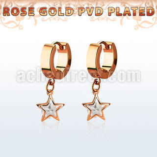 errz414 rose gold steel huggies earrings w dangling star w cz