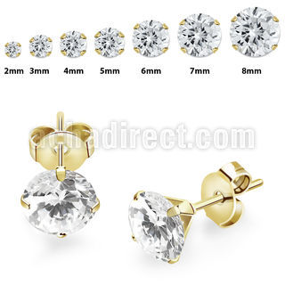 estzr gold pvd plated 316l steel prong ear studs cz