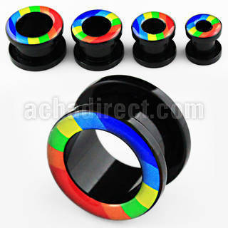 ftab black acrylic screw fit flesh tunnel with rainbow color