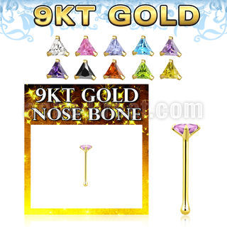 g9nbtm1 9kt gold nose bone 22g w 3mm prong set triangle cz