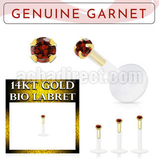 gbige2 bioflex labret with push in 14kt gold w prong garnet
