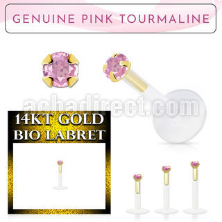 gbige3 bioflex labret with 14kt gold w prong pink tourmaline