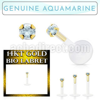 gbige8 bioflex labret w push in 14kt gold w prong aquamarine