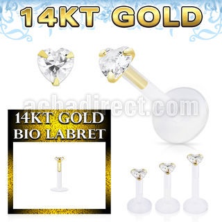 gbizhc bioflex labret with push in 14k gold with heart prong cz