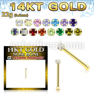 gbzm12 14kt gold nose bone w 1.25mm round color cz stone