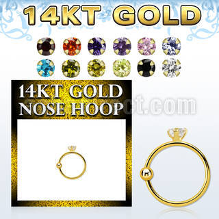 ghz2 14kt gold nose hoop w a 2mm prong set round cz