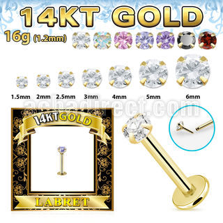 glbz solid 14k gold labret w thread less push in top w cz