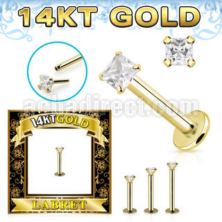 glbzq 14k gold labret 3mm prong set square cubic zirconia (cz) stone