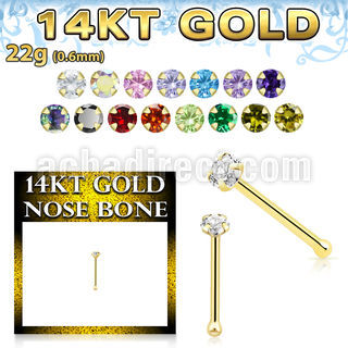 gnbzm1 14kt gold nose bone with a 2mm round prong set cz stone