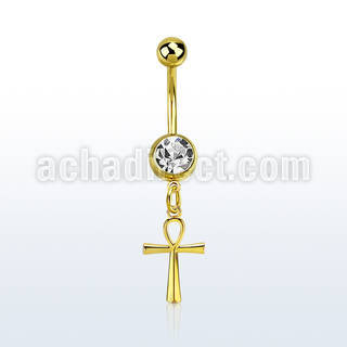 gold steel belly banana 14g w a dangling ankh cross 