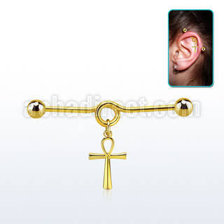 gold steel industrial loop barbell w dangling ankh cross 