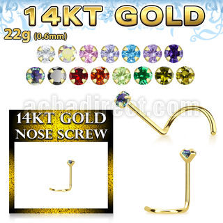 gszm1 14kt gold bend it nose screw with 2mm round prong set cz