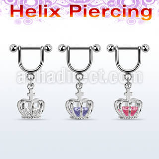 heuz12 316l steel helix stirrup w dangling crown w cz inside