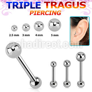 hexab 316l steel triple tragus piercing w 3mm 2 5 5mm ball