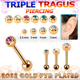 hexttdc rose gold triple tragus piercing w 2.5  5mm jewel ball