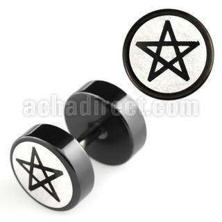 ipls7 black 316l steel fake plug w laser edged pentagram logo