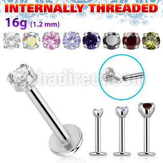 lbczin internally threaded steel labret w upper 2 5mm cz stone