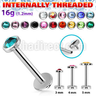 lbifb steel internally threaded labret w crystal flat head