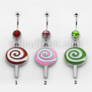 mcd397 316l steel belly banana with dangling painted lollipop