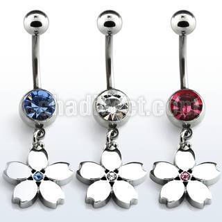 mcd444 316l steel belly banana w dangling plain crystal flower
