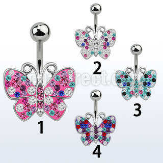 mcd448x steel belly banana 14g w multi crystal butterfly design