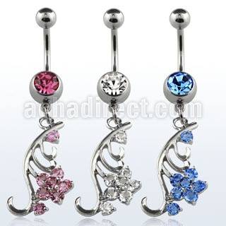 mcd509 316l steel belly banana w a dangling crystal flower
