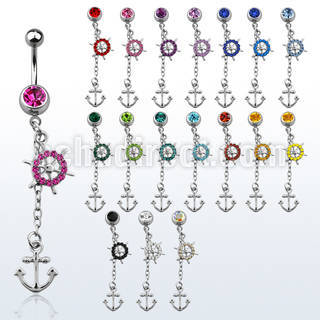 mcd567x piercing ombligo acero quirurgico bola joya bisel 8mm timon barco ancla cristal colgados 10mm venta