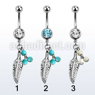 mcd601b piercing ombligo acero quirurgico bola joya bisel 8mm pluma 3 bolas falsas turquesas 10mm venta