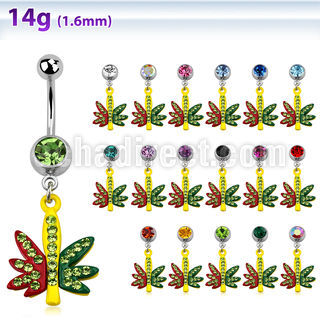 mcd619 316l steel belly banana w jewel ball dangling marijuana leaf