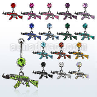mcd631 piercing ombligo acero quirurgico bola joya bisel 8mm miniatura ak47 negro cn cristal 10mm venta