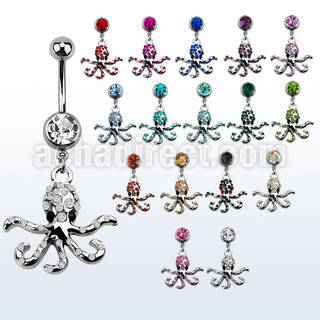 mcd681 piercing ombligo acero quirurgico bola joya bisel 8mm pulpo colgado cristal 10mm mayorista