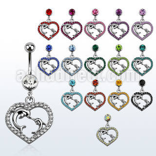 mcd689 piercing ombligo acero quirurgico bola joya bisel 8mm corazon cristal delfines dentro colgado 10mm venta