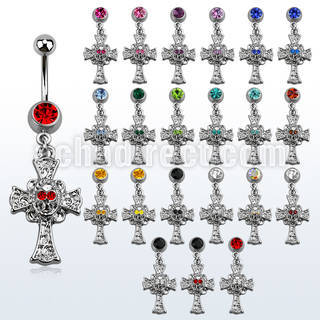 mcd694 piercing ombligo acero quirurgico bola joya bisel 8mm cruz calavera ojos cristal mayorista