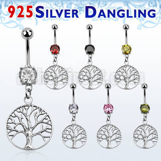 mcdvd4 piercing ombligo acero 316l zirconia redonda 8mm arbol vida plata esterlina colgado distribuidor mayorista