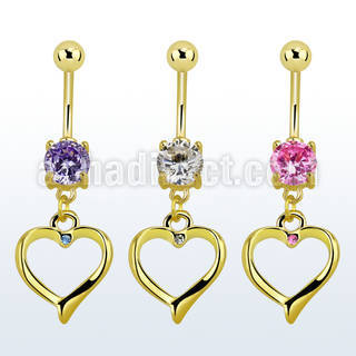 mcdz333 piercing ombligo acero 316l oro zirconia 8mm corazon oro colgado unico cristal 10mm al por mayor