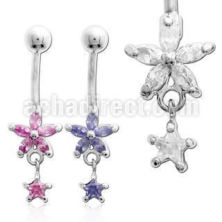 mcdz358 316l steel belly banana w cz flower dangling cz star