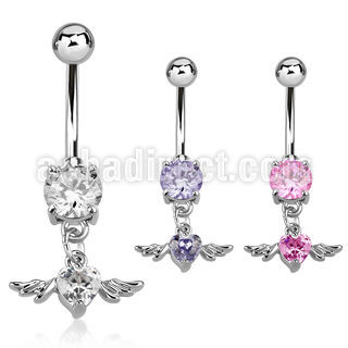mcdz367 316l steel belly ring w dangling heart shape cz w wings
