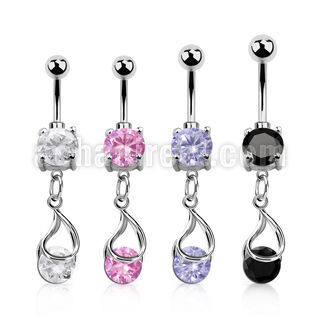 mcdz416 steel cz belly banana w dangling snap fit round cz 