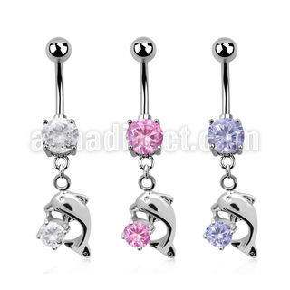 mcdz7 316l steel belly banana with dolphin w round cz