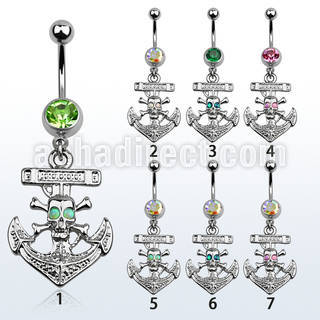 mcop691 piercing ombligo acero quirurgico bola joya bisel 8mm ancla calavera opalos sinteticos como ojos 10mm distribuidor mayorista