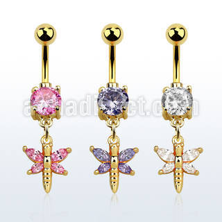 mdgz1 piercing ombligo acero 316l anodizado dorado zirconia redonda 8mm mariposa zirconia mayorista