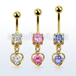 mdgz419 gold cz belly banana w dangling heart w cz center