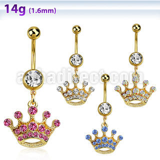 mdk703 gold 316l steel belly banana w gold plated crystal crown