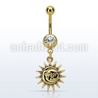 mdk726 piercing ombligo acero 316l pvd dorado bola lisa 5mm bola joya bisel 8mm sol dorado colgado 10mm venta