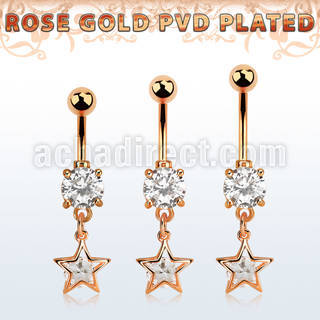 mdrz414 rose gold steel belly banana w dangling star shape w cz
