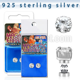 mgcz6 pair of silver magnetic earring studs with 6mm clear cz