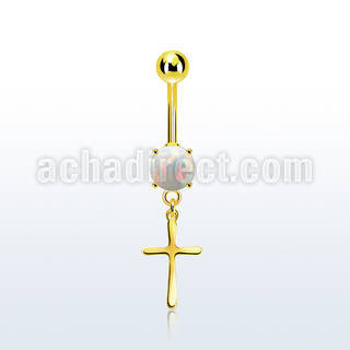 mgocrs piercing ombligo acero 316l pvd dorado opalo redondo colgante liso cruz simple mayorista