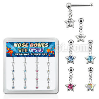 nbds16 box of silver nose bones w ball dangling star crystal