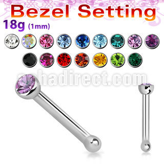 nbsb18 316l steel nose bone w 2mm round top w bezel set crystal