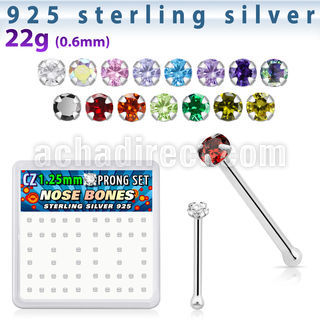 nbzbc12 box of silver nose bones w 1 25mm clear prong set cz